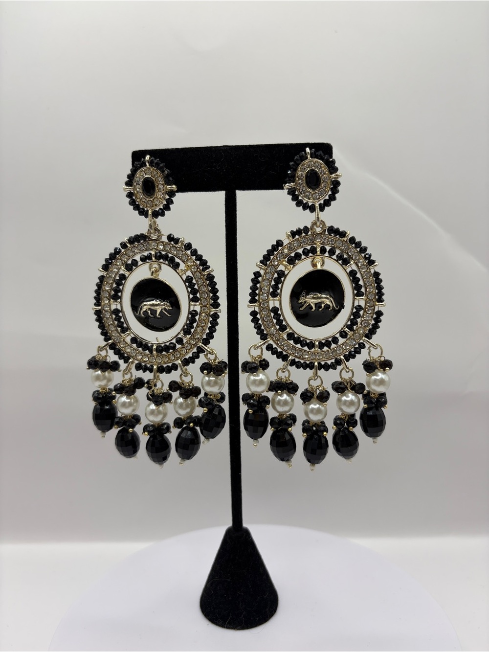 Elegant Black Sabyasachi and Pearl Chandelier Earrings